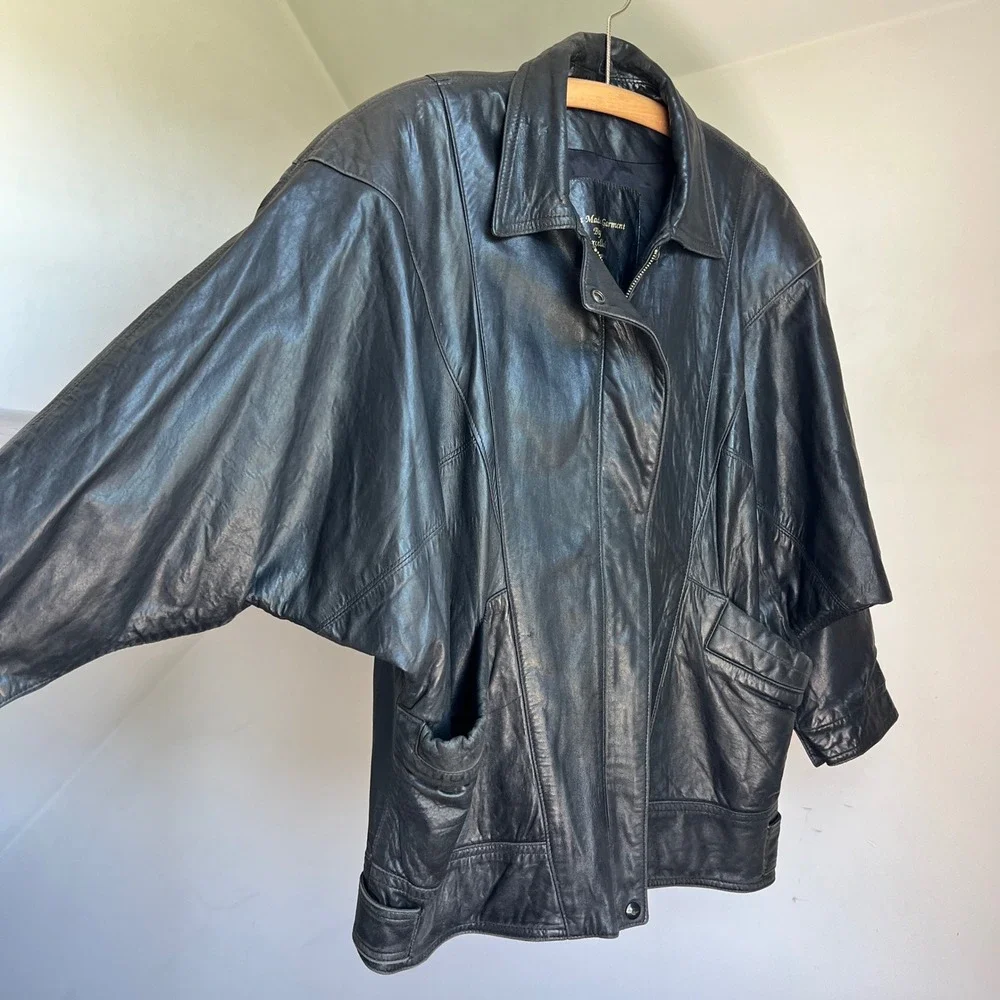 Vintage 80s Leather Jacket Black Biker Moto Dolman Sleeve Batwing Oversized USA